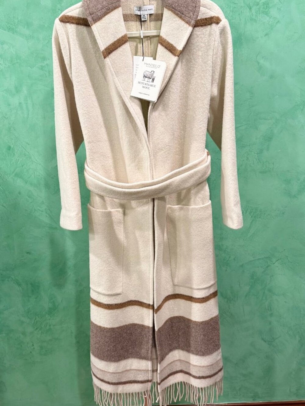 Something Navy Fringe Robe Coat Cream Multi Manteco Italian Wool – XS – NWT